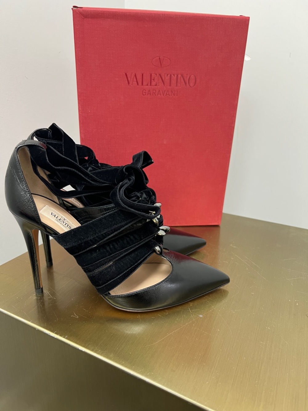 Valentino Black Leather & Suede Lace-Up Pointed Toe Stiletto Pumps